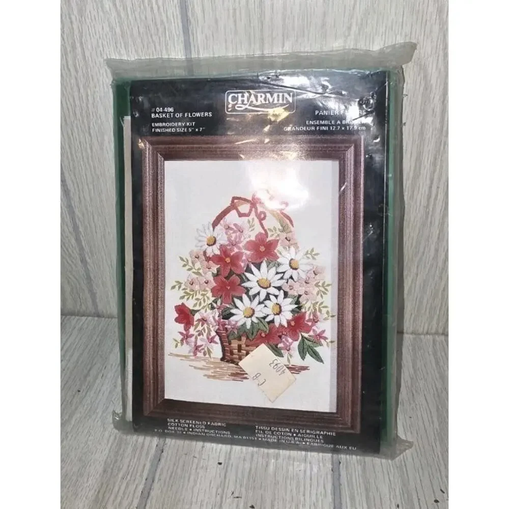Vtg Charmin Basket Of Flowers Embroidery Kit 5 x 7 New Silk Screen Needlepoint